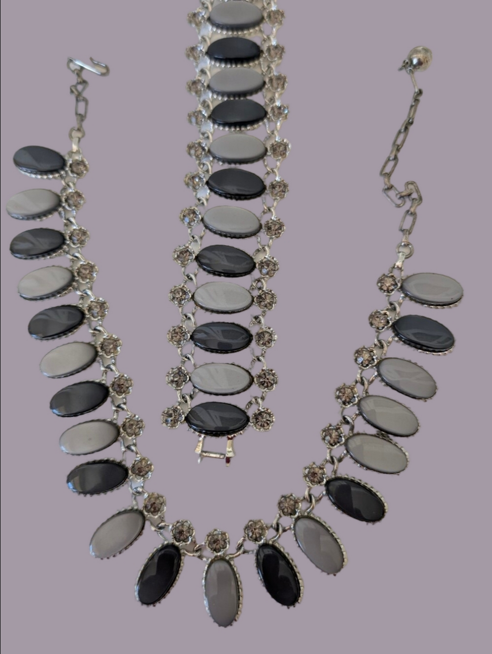 Vintage Two-Tone Gray and Black With Rhinestone Thermoplastic Necklace Bracelet